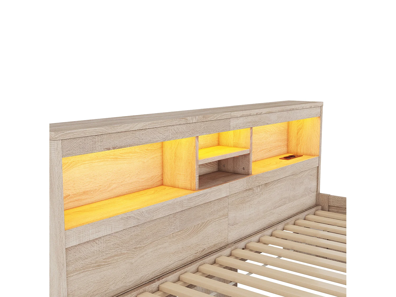 Lit banquette 90x200cm - avec prise USB & 2 tiroirs - sommier à lattes - Naturel