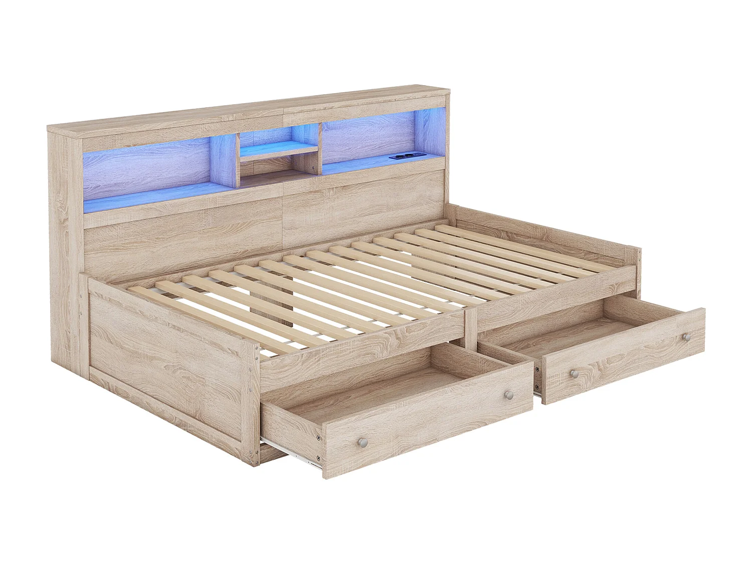 Lit banquette 90x200cm - avec prise USB & 2 tiroirs - sommier à lattes - Naturel