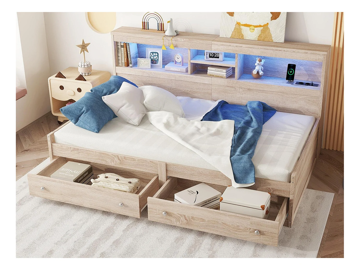 Lit banquette 90x200cm - avec prise USB & 2 tiroirs - sommier à lattes - Naturel