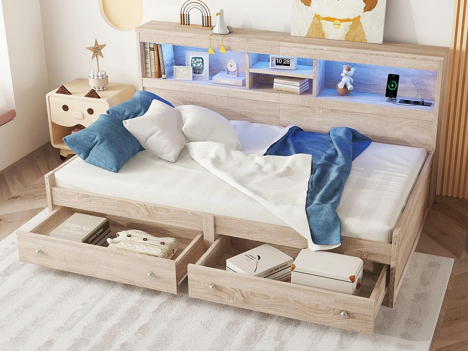 Tagesbett 90x200cm – mit USB-Anschluss & 2 Schubladen – Lattenrost – Natur