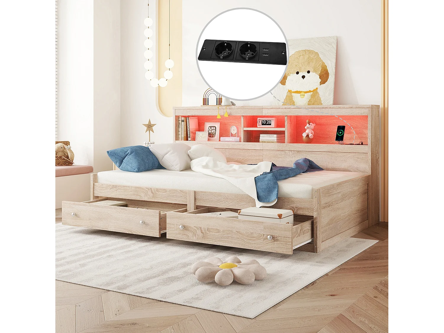 Tagesbett 90x200cm – mit USB-Anschluss & 2 Schubladen – Lattenrost – Natur