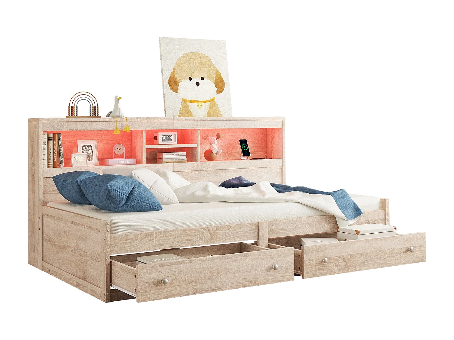 Tagesbett 90x200cm – mit USB-Anschluss & 2 Schubladen – Lattenrost – Natur