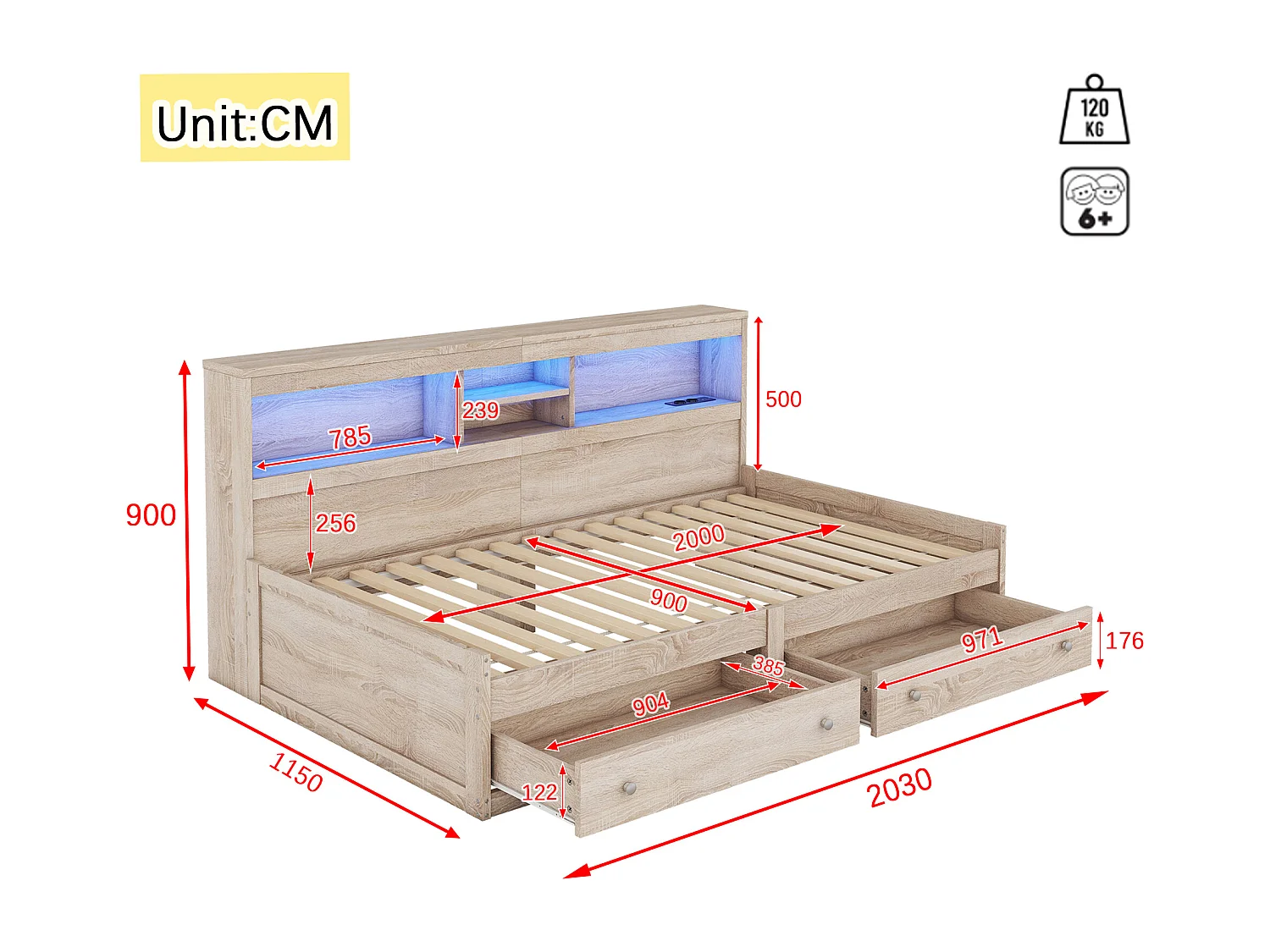 Tagesbett 90x200cm – mit USB-Anschluss & 2 Schubladen – Lattenrost – Natur