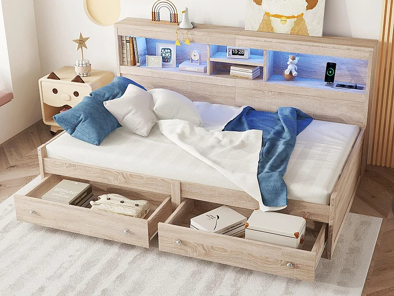 Lit banquette 90x200cm - avec prise USB & 2 tiroirs - sommier à lattes - Naturel