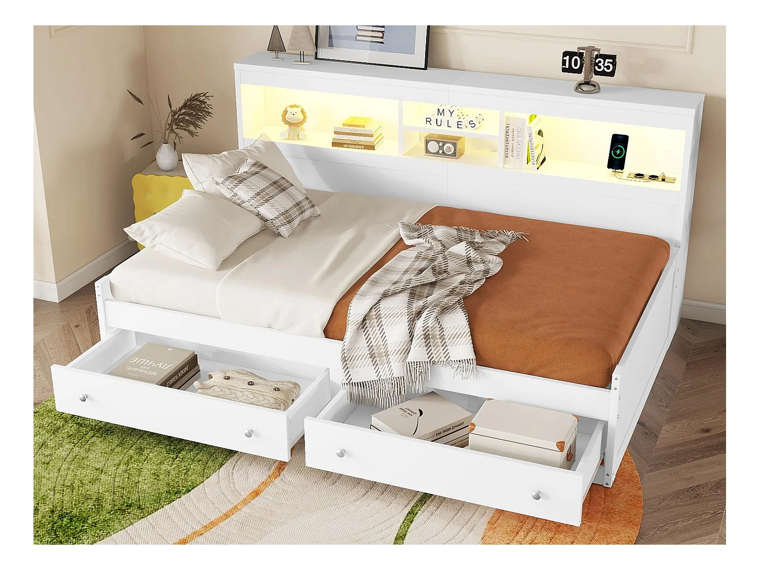 Lit banquette 90x200cm - avec prise USB & 2 tiroirs - sommier à lattes - Blanc