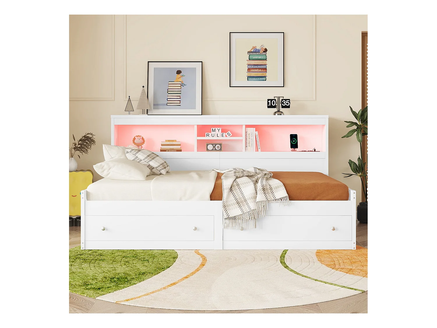 Lit banquette 90x200cm - avec prise USB & 2 tiroirs - sommier à lattes - Blanc