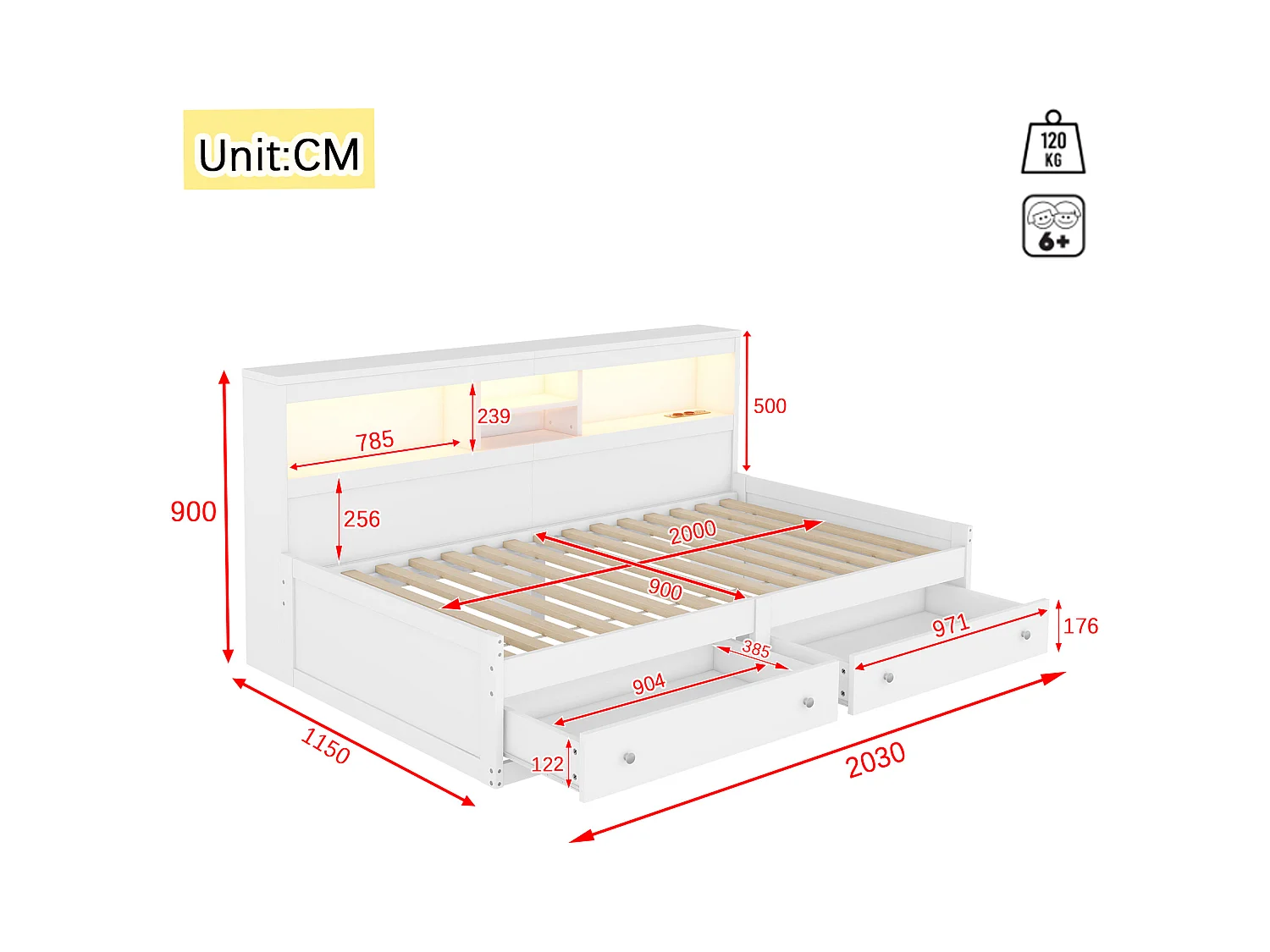 Lit banquette 90x200cm - avec prise USB & 2 tiroirs - sommier à lattes - Blanc