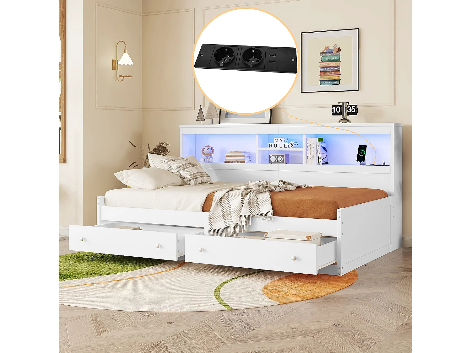 Cama-cama 90x200cm - com tomada USB e 2 gavetas - base de ripas - Branco