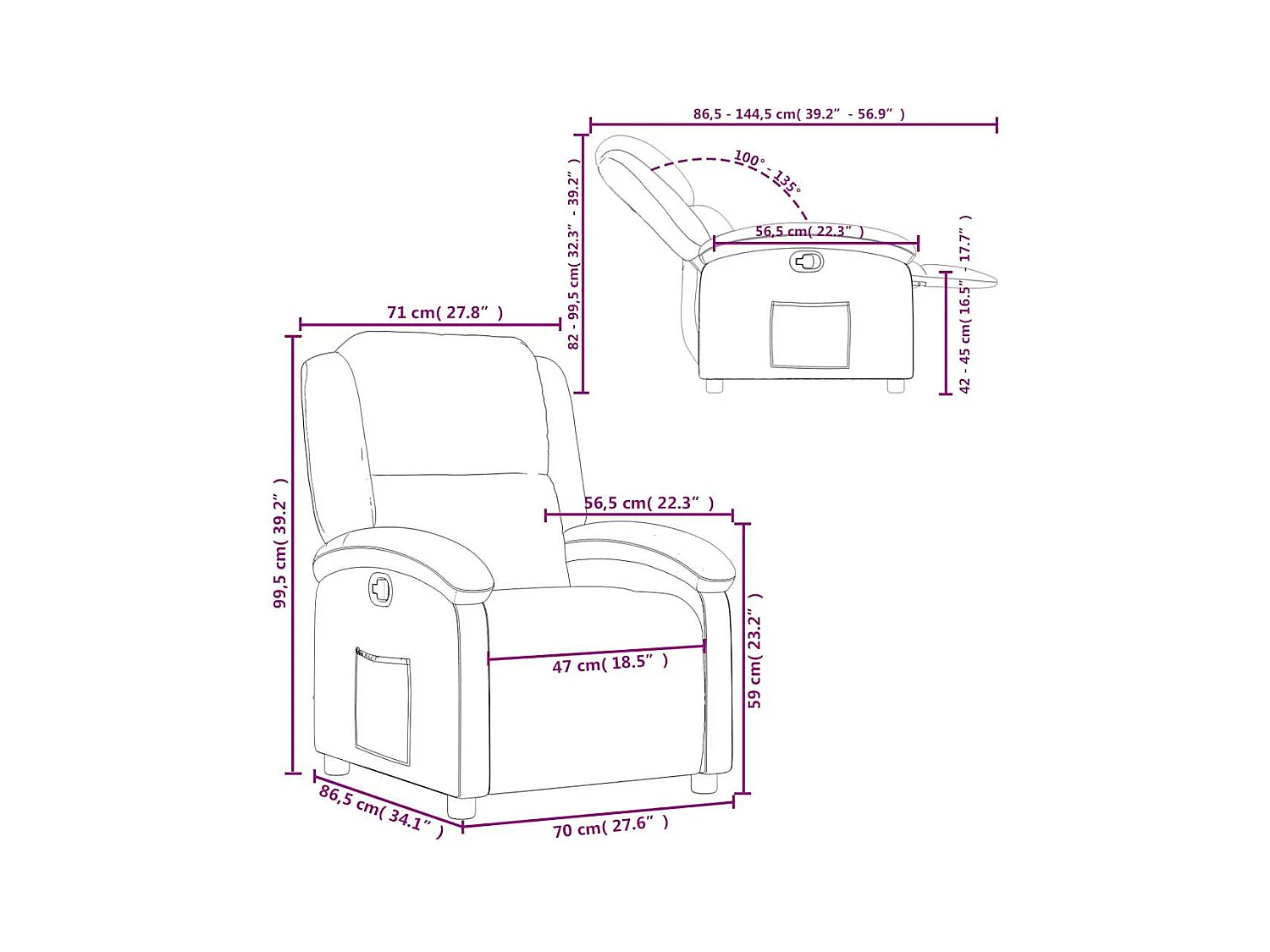 Sillón reclinable de cuero auténtico negro