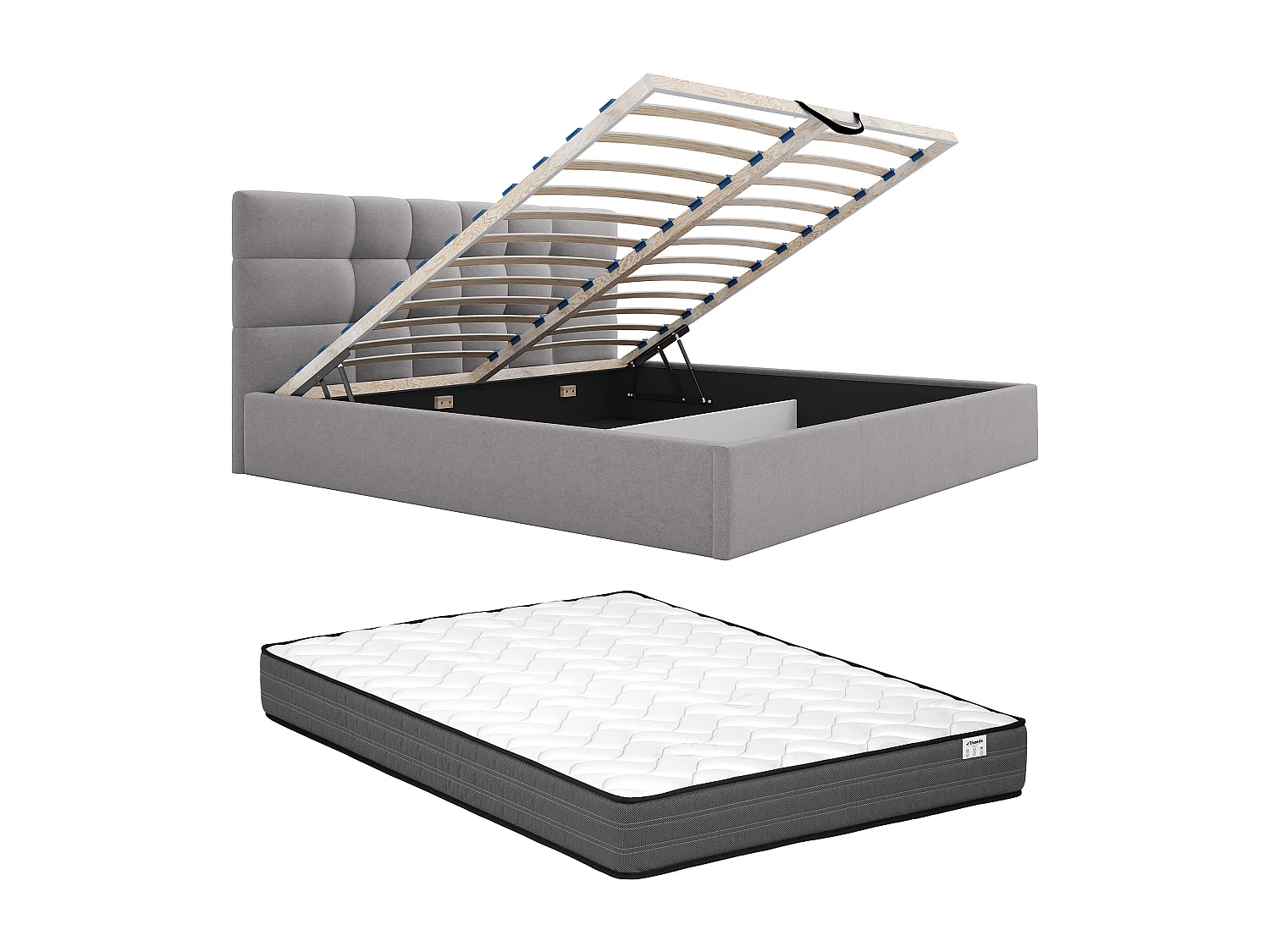 Lit coffre 200 x 200 cm - Tissu - Gris + Matelas - ELIAVA