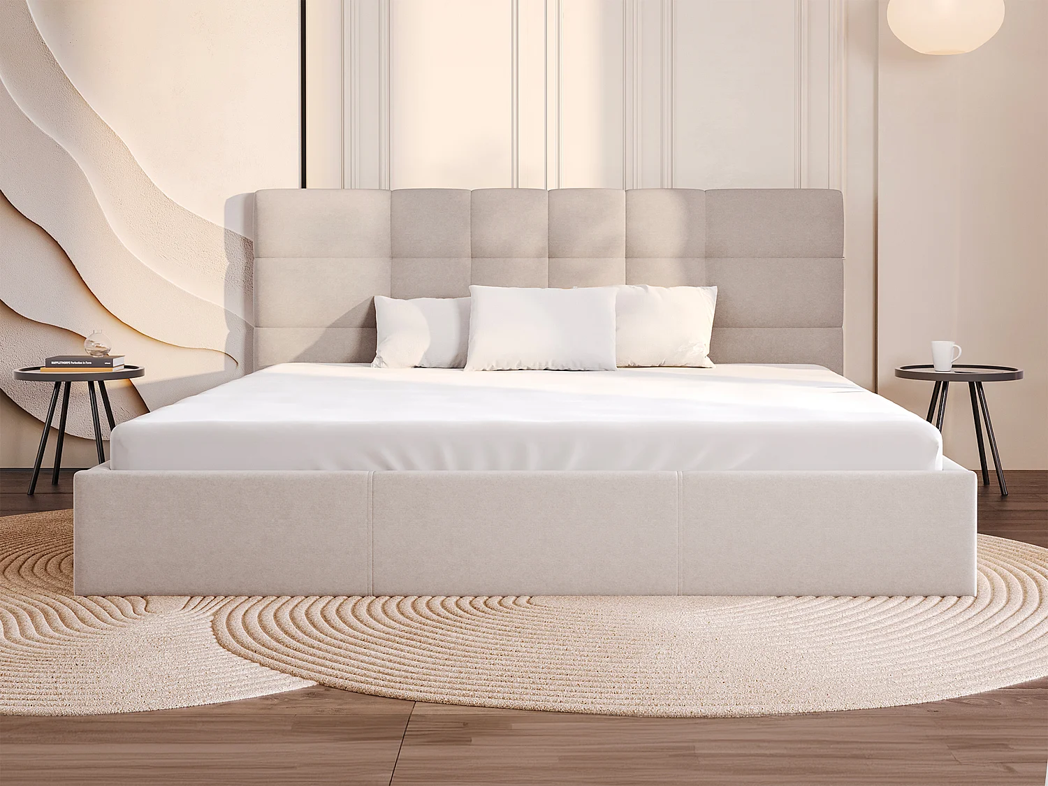 Lit coffre 200 x 200 cm - Tissu - Beige + Matelas - ELIAVA de Pascal Morabito