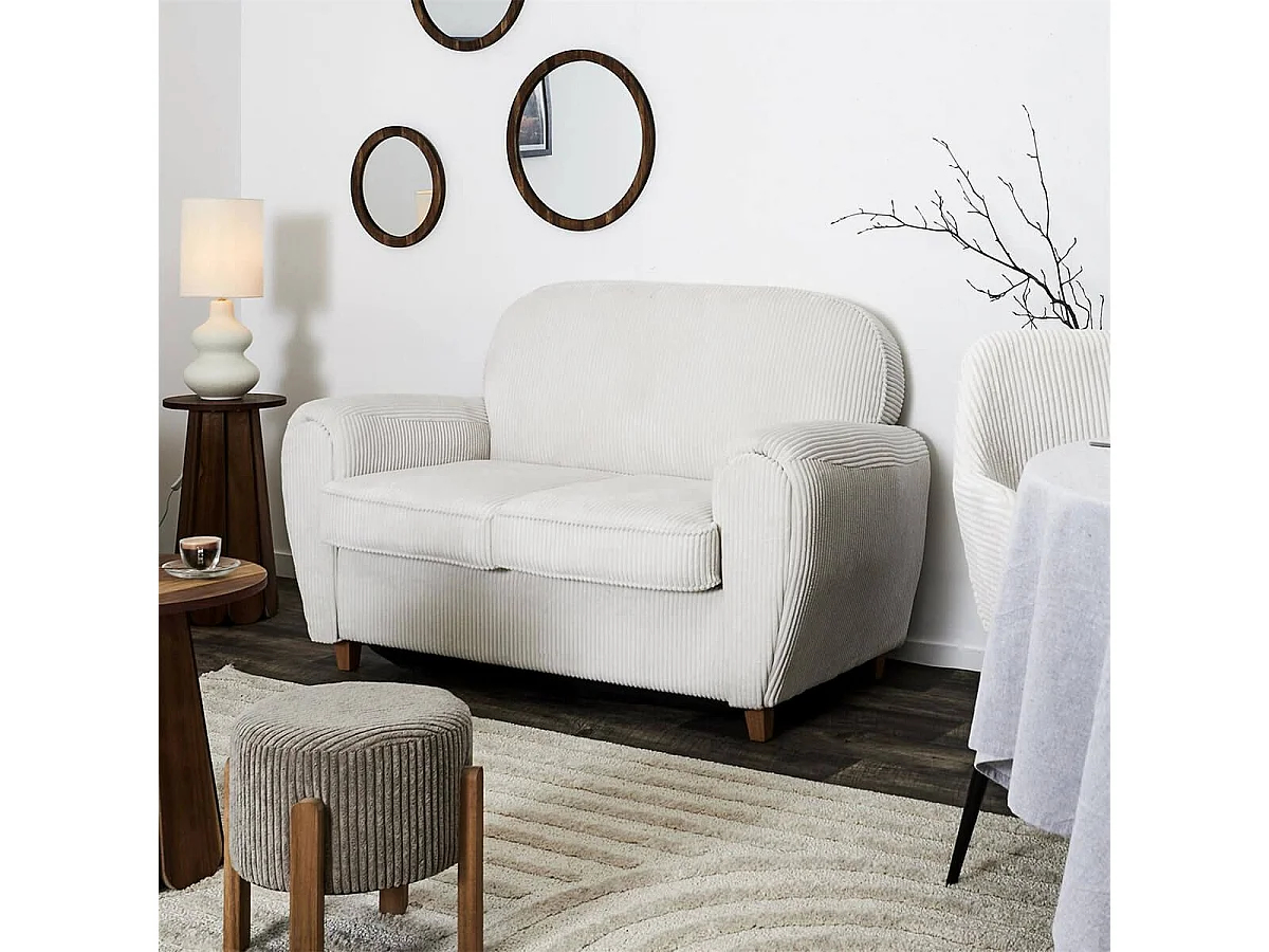 GANDY - Canapé Club 2 Places Tissu Velours Côtelé Beige