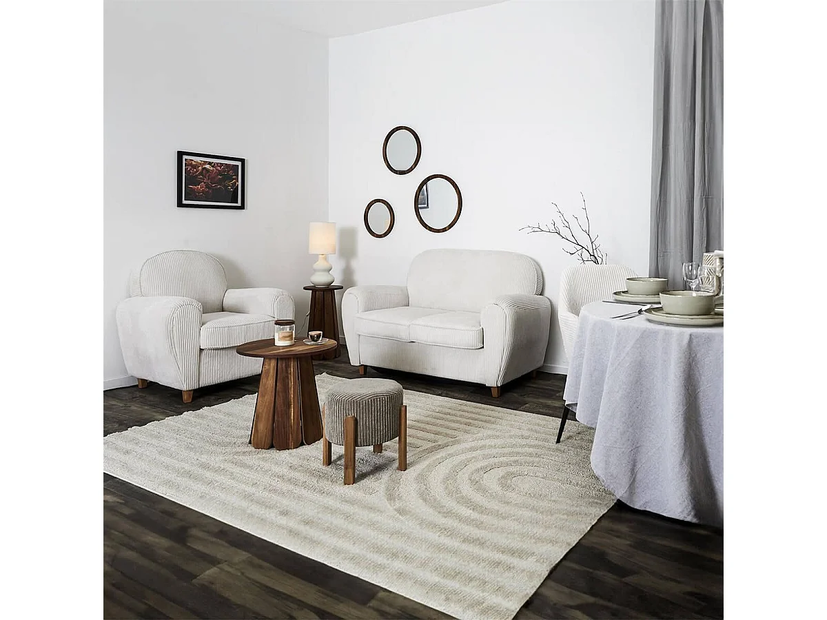 GANDY - Canapé Club 2 Places Tissu Velours Côtelé Beige