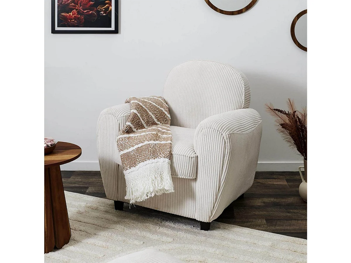 GANDY - Fauteuil Club Tissu Velours Côtelé Beige