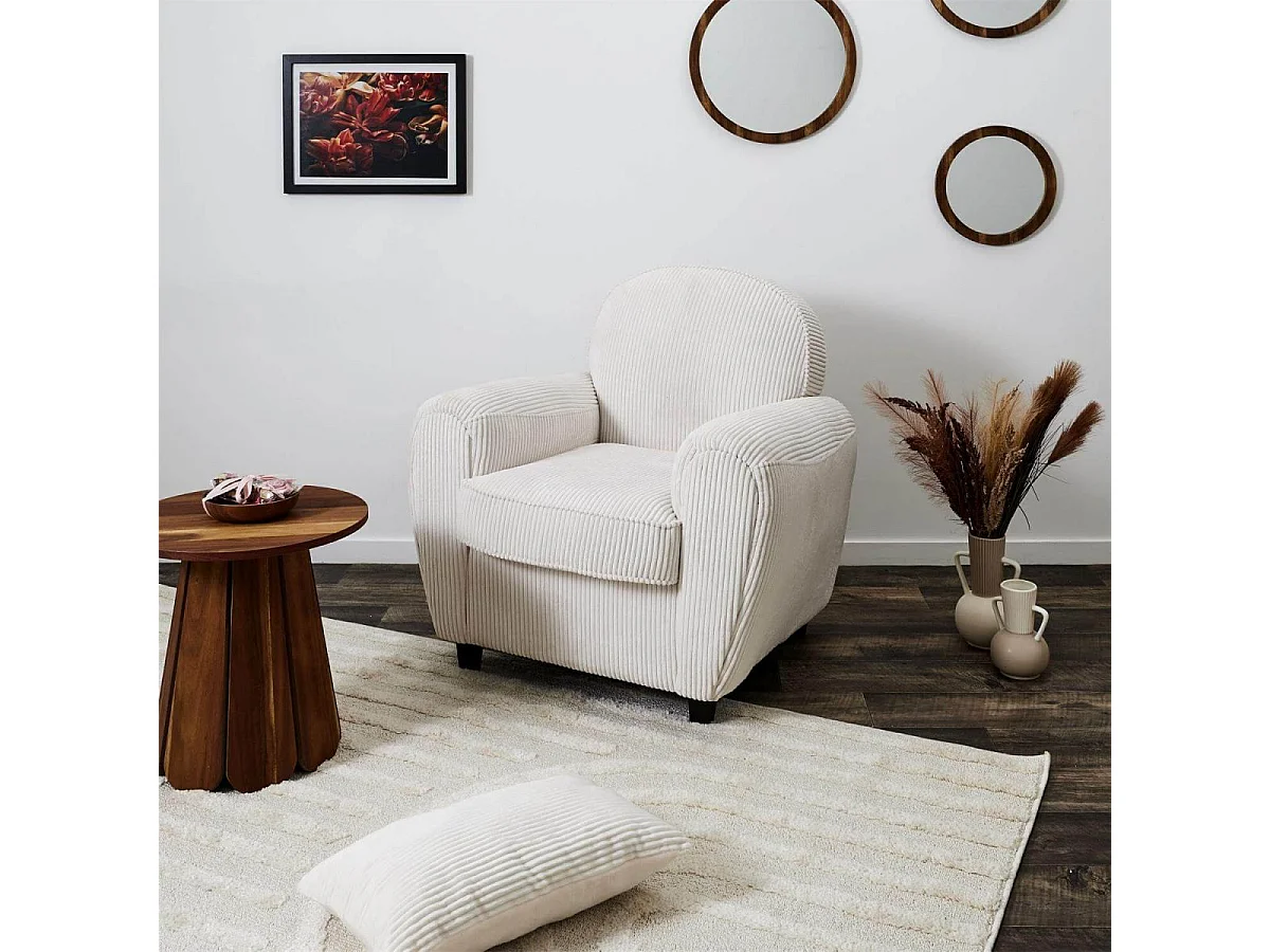 GANDY - Fauteuil Club Tissu Velours Côtelé Beige