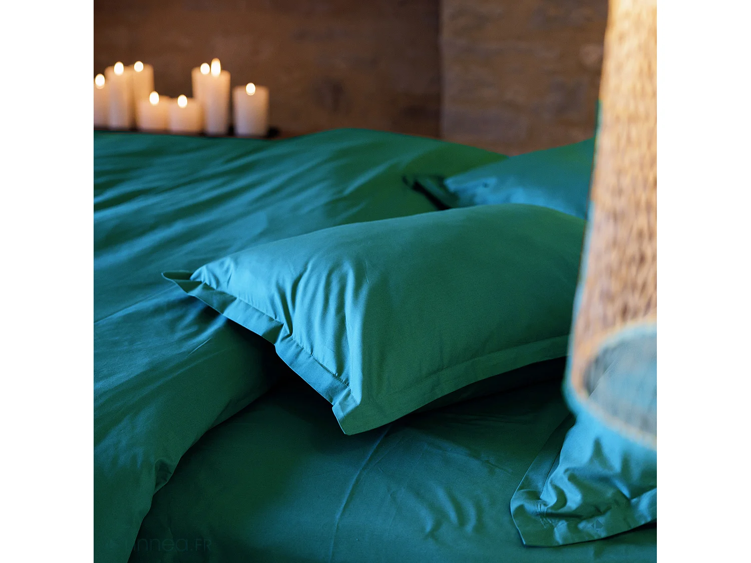 Drap housse uni 160x200 cm bonnet 35 cm percale de coton MANOIR vert Canard