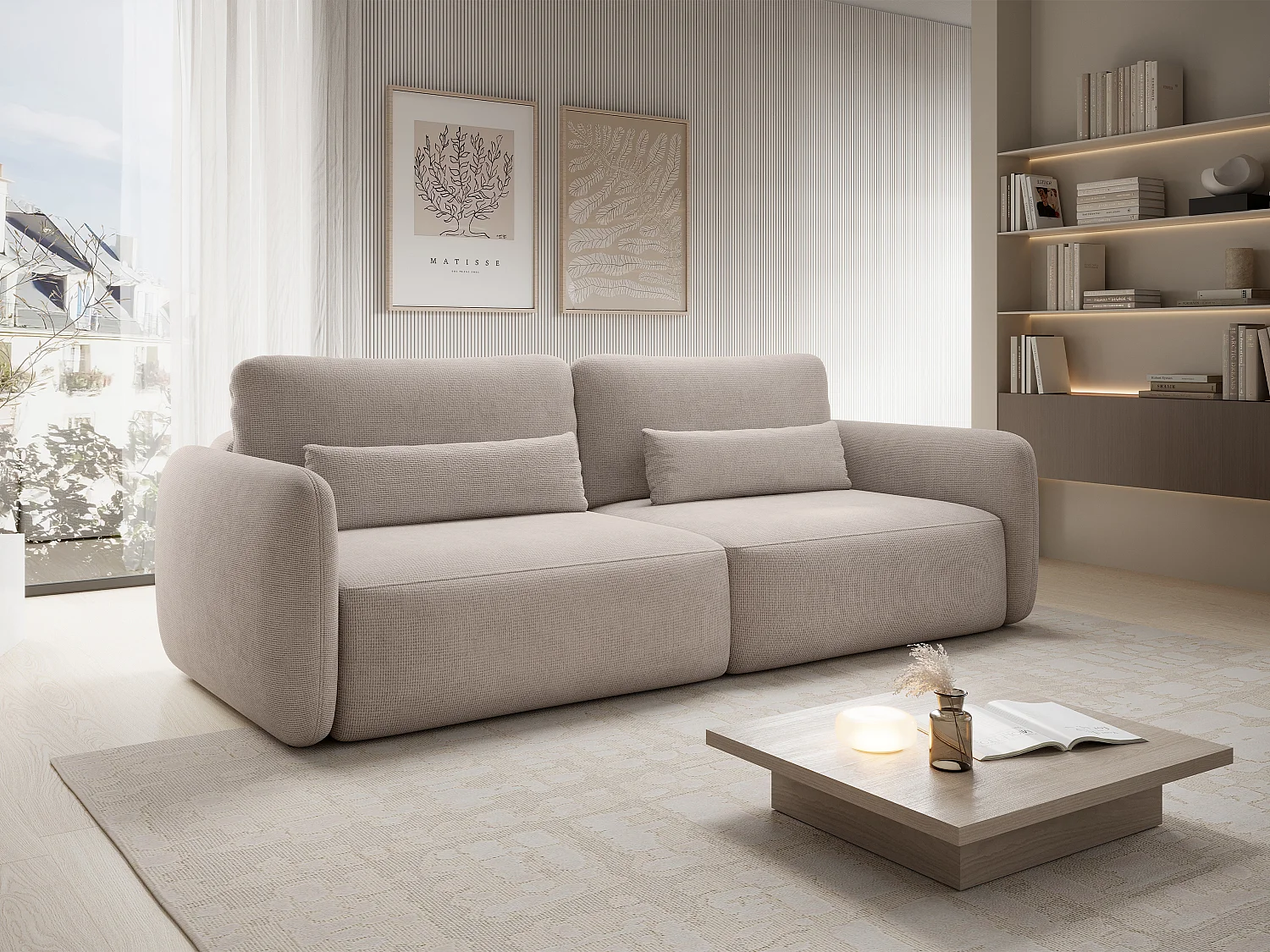 Canapé 3 places convertible en tissu texturé taupe VOPOZA