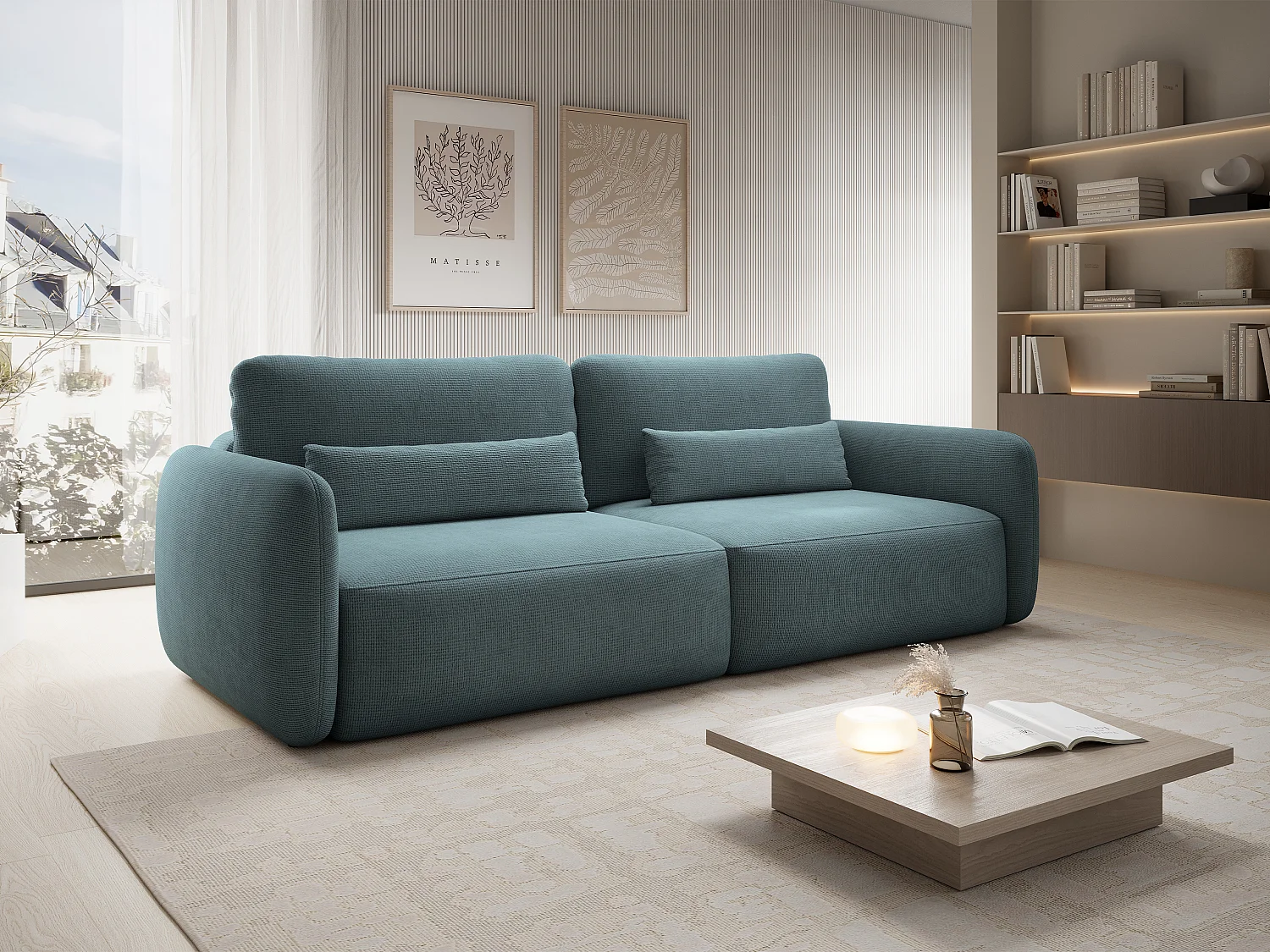 Canapé 3 places convertible en tissu texturé bleu VOPOZA
