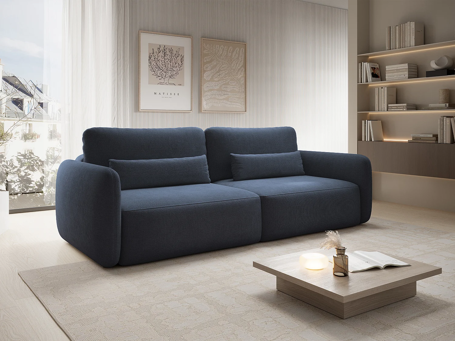 Canapé 3 places convertible en tissu texturé bleu marine VOPOZA