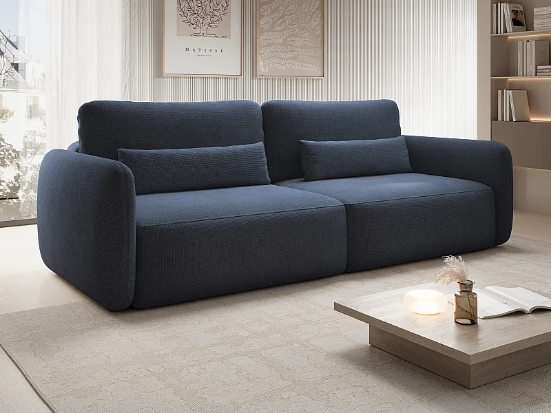 Driezitsslaapbank van marineblauwe stof met textuur VOPOZA