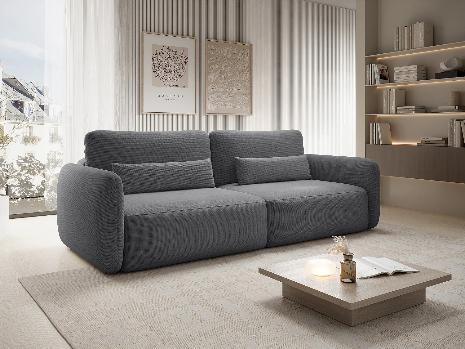 Canapé 3 places convertible en tissu texturé gris VOPOZA