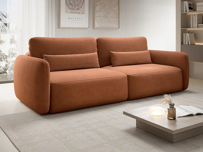 Canapé 3 places convertible en tissu texturé terracotta VOPOZA