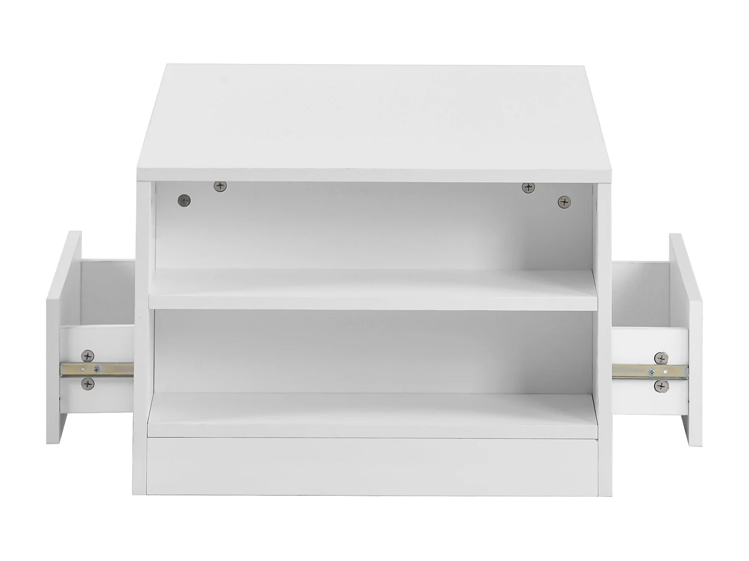 Table basse blanche avec bande LED - 2 tiroirs et 2 étagères - Style scandinave - Blanc brillant - 95 x 53 x 37cm