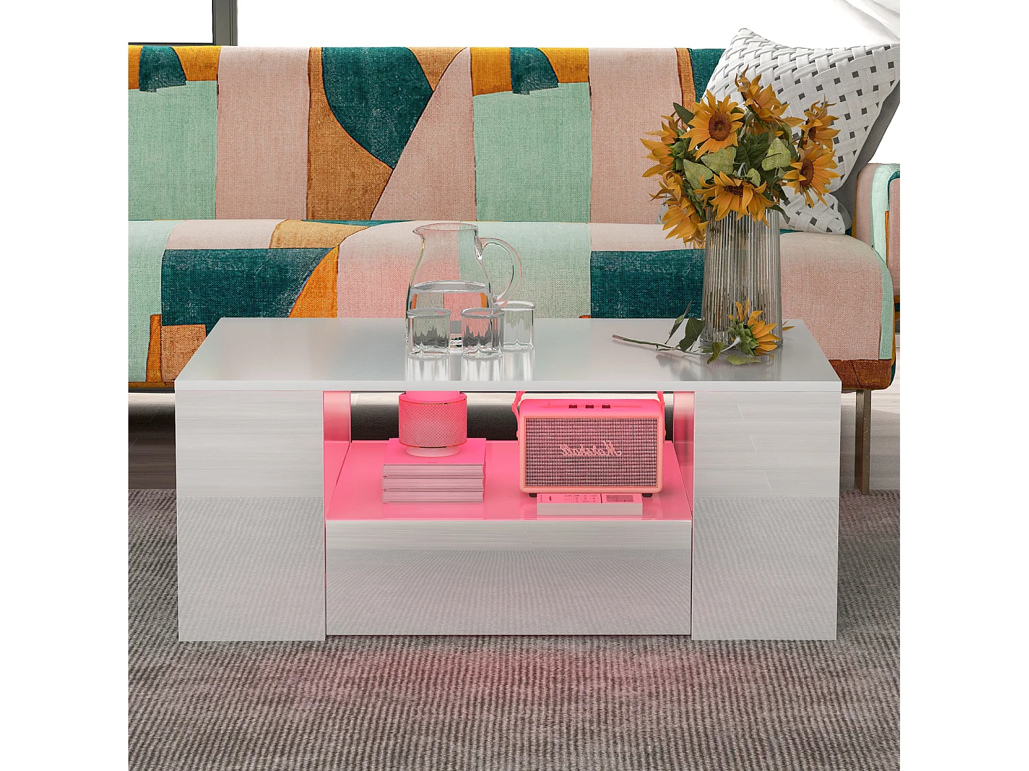 Witte salontafel met LED-strip - 2 lades en 2 planken - Scandinavische stijl - Glanzend wit - 95 x 53 x 37 cm