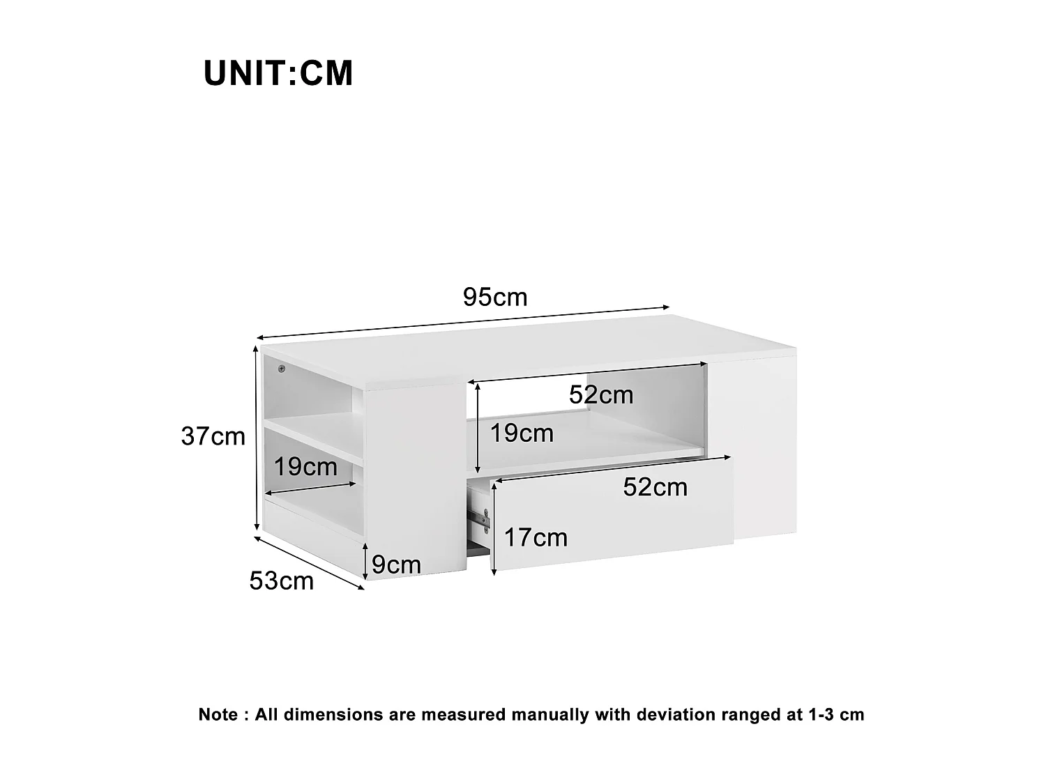 Witte salontafel met LED-strip - 2 lades en 2 planken - Scandinavische stijl - Glanzend wit - 95 x 53 x 37 cm