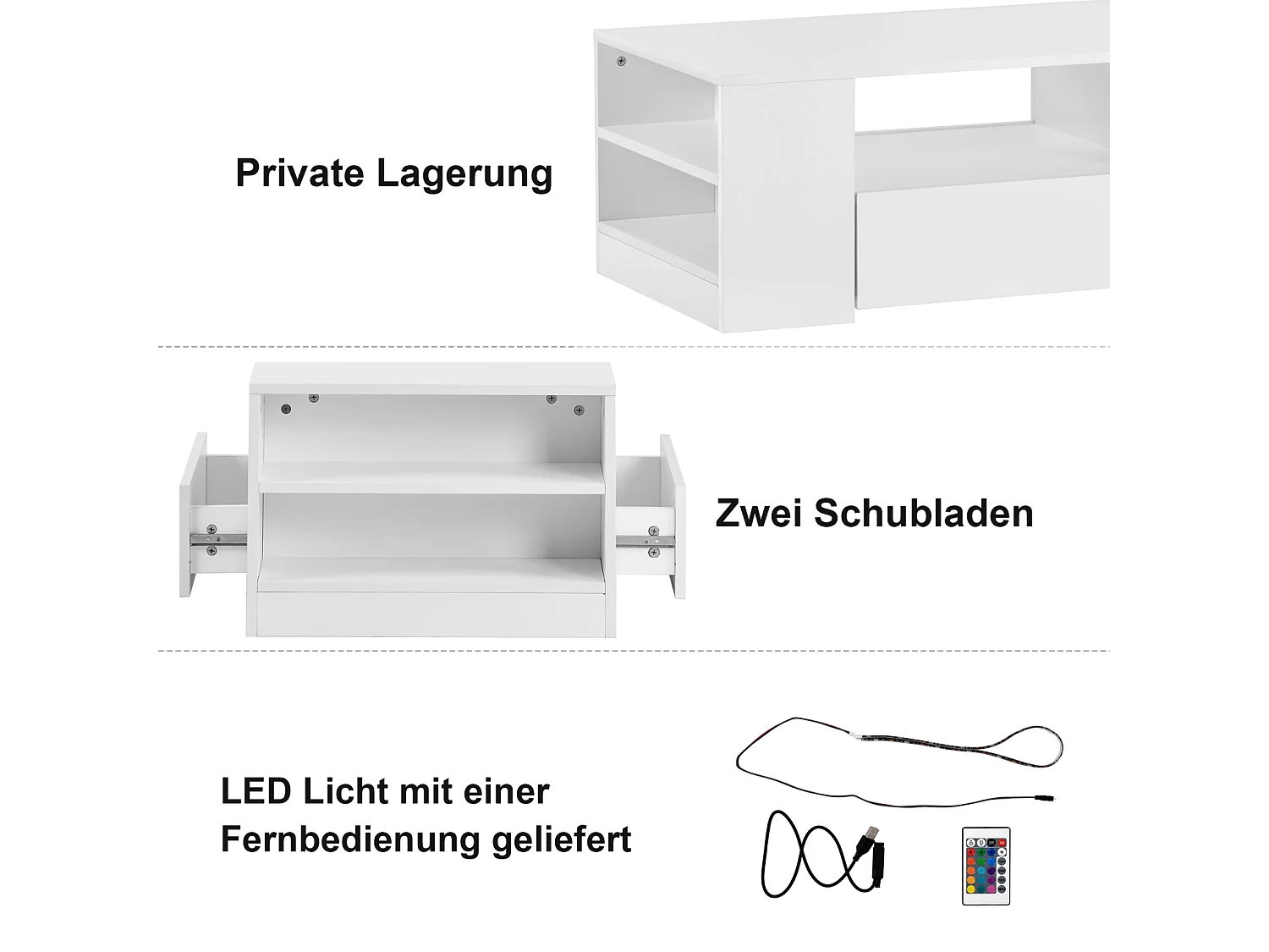 Witte salontafel met LED-strip - 2 lades en 2 planken - Scandinavische stijl - Glanzend wit - 95 x 53 x 37 cm