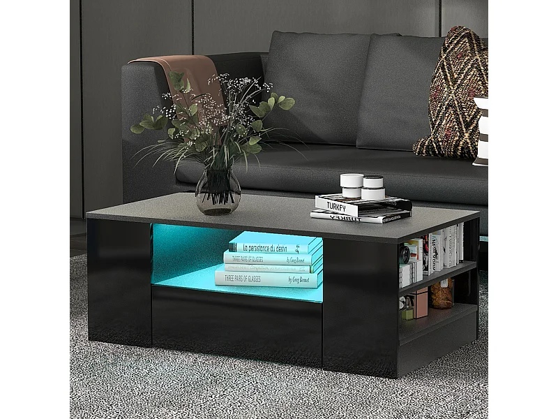 Weißer Couchtisch mit LED-Streifen – 2 Schubladen und 2 Regale – skandinavischer Stil – Schwarz glänzend – 95 x 53 x 37 cm
