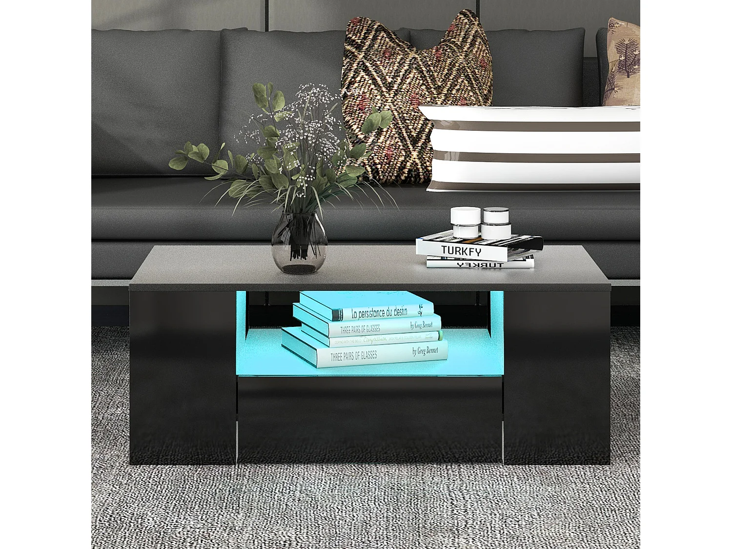 Witte salontafel met LED-strip - 2 lades en 2 planken - Scandinavische stijl - Glanzend zwart - 95 x 53 x 37 cm