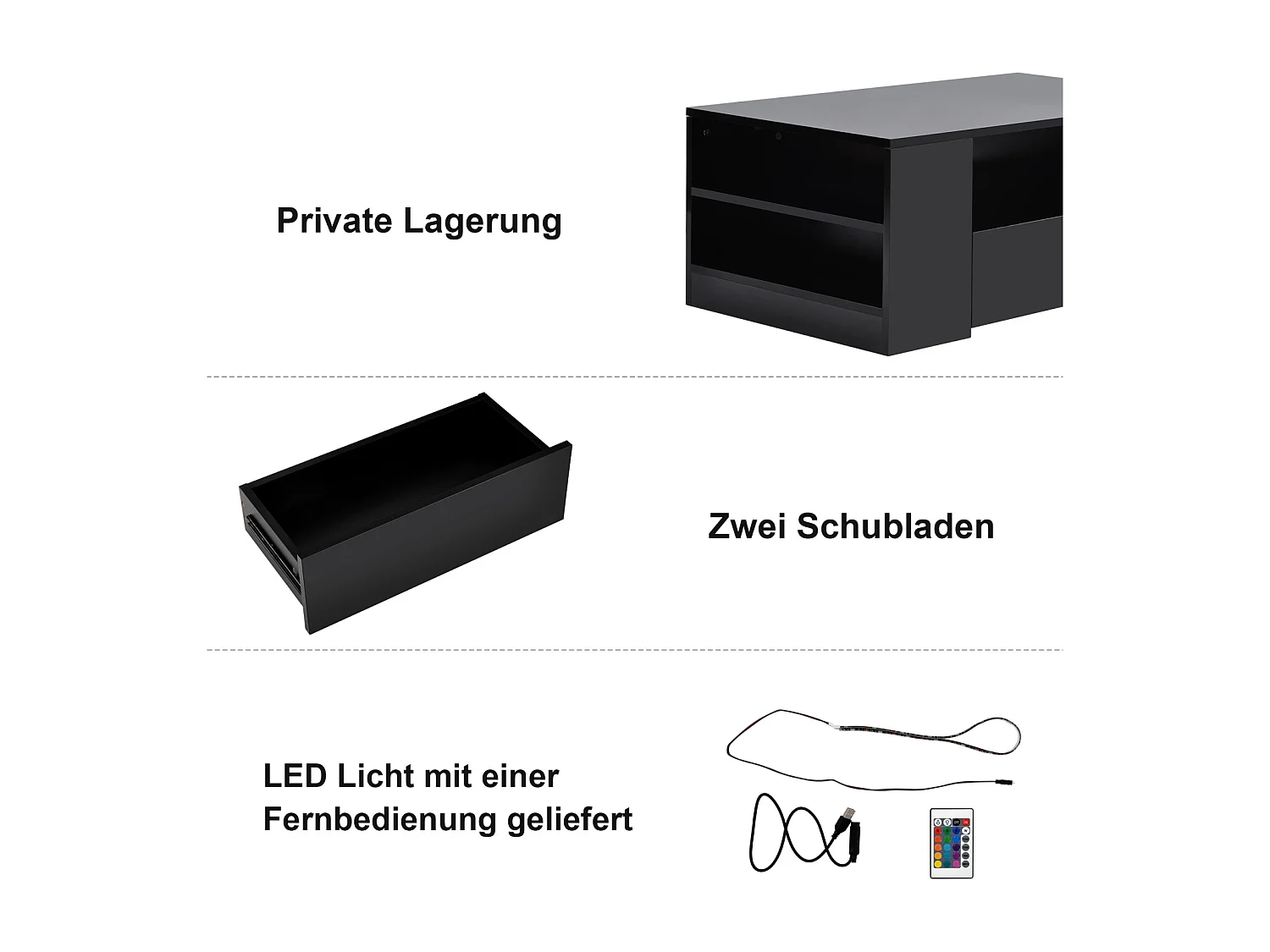 Witte salontafel met LED-strip - 2 lades en 2 planken - Scandinavische stijl - Glanzend zwart - 95 x 53 x 37 cm