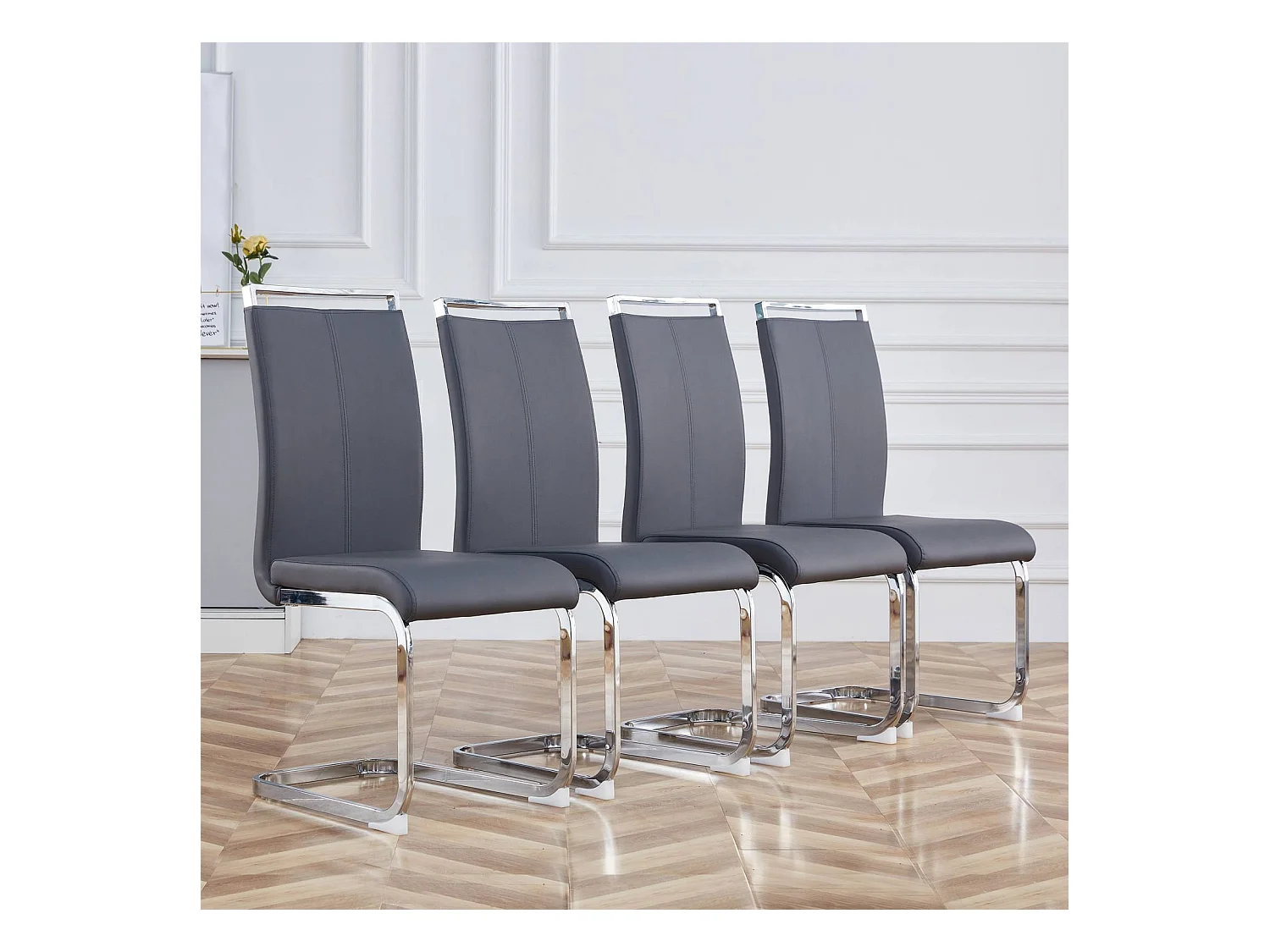 Sled Base Stoel Set van 4 - Chrome Metalen Basis Ondersteunt tot 120 kg Zachte vulling met kunstleren bekleding - Grijs