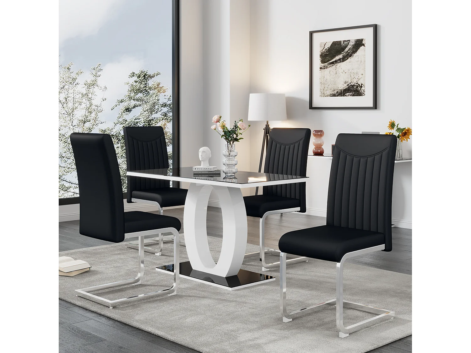 Lot de 4 chaise de piétement luge, structure en métal chromé, charge max 150 kg, tissu en cuir artificiel PU, 41x41x90cm, noir