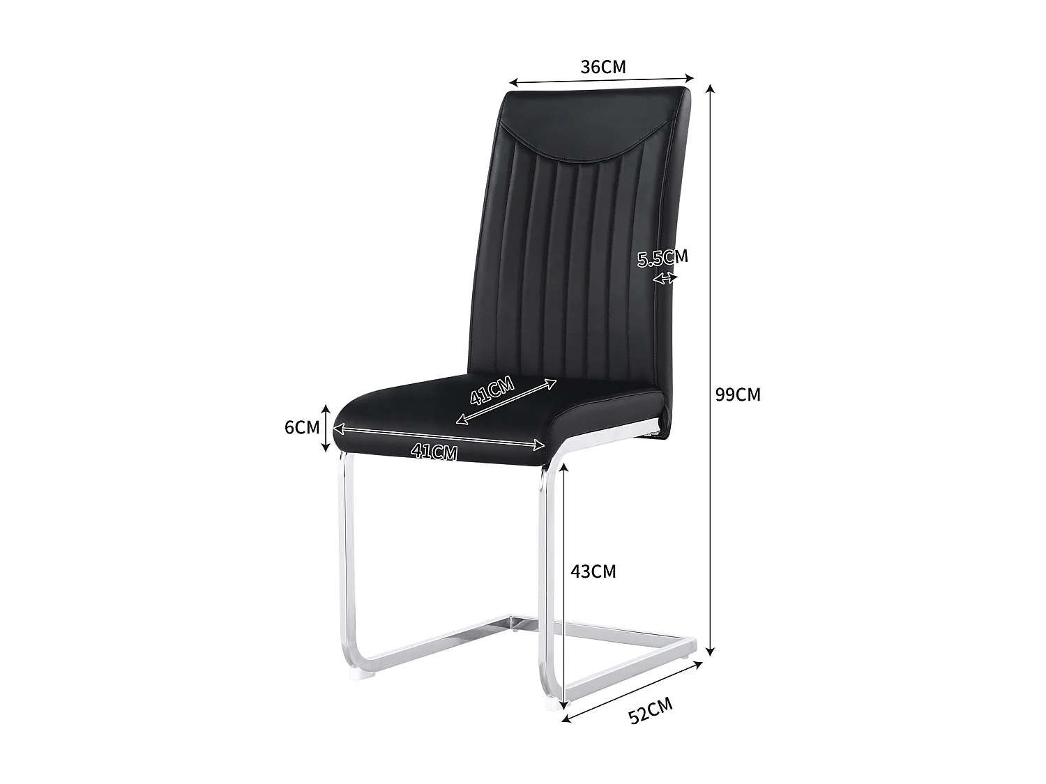 Lot de 4 chaise de piétement luge, structure en métal chromé, charge max 150 kg, tissu en cuir artificiel PU, 41x41x90cm, noir