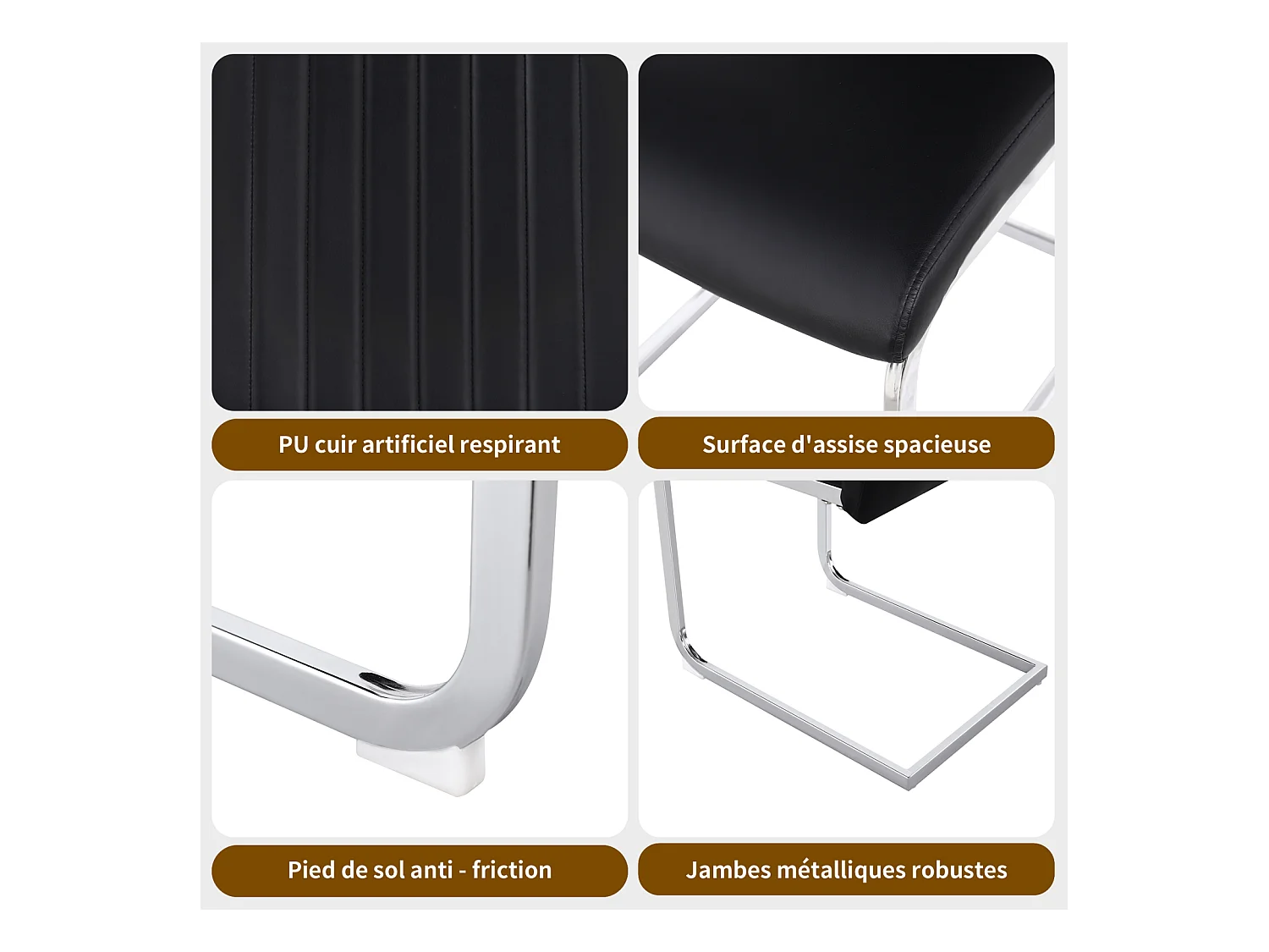 Set van 4 sledestoelen, verchroomd metalen frame, max. belasting 150 kg, PU kunstlederen stof, 41x41x90cm, zwart