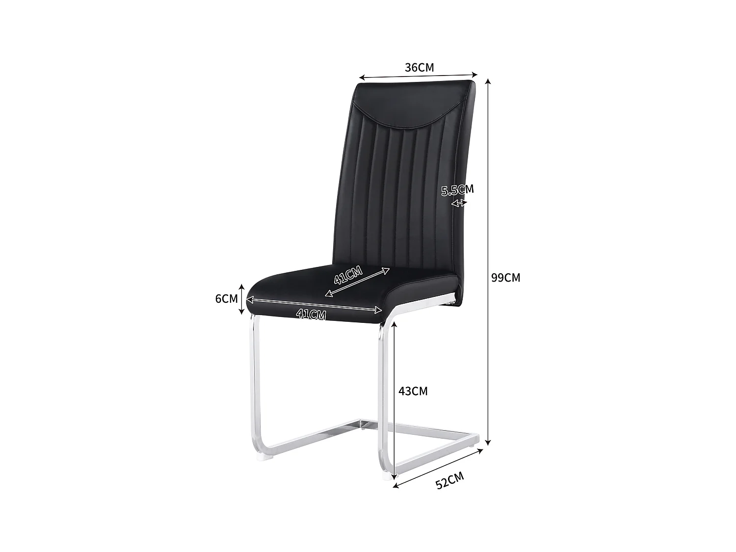 Set van 4 sledestoelen, verchroomd metalen frame, max. belasting 150 kg, PU kunstlederen stof, 41x41x90cm, zwart