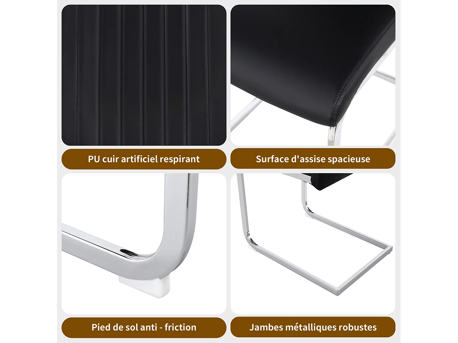 Set van 4 sledestoelen, verchroomd metalen frame, max. belasting 150 kg, PU kunstlederen stof, 41x41x90cm, zwart