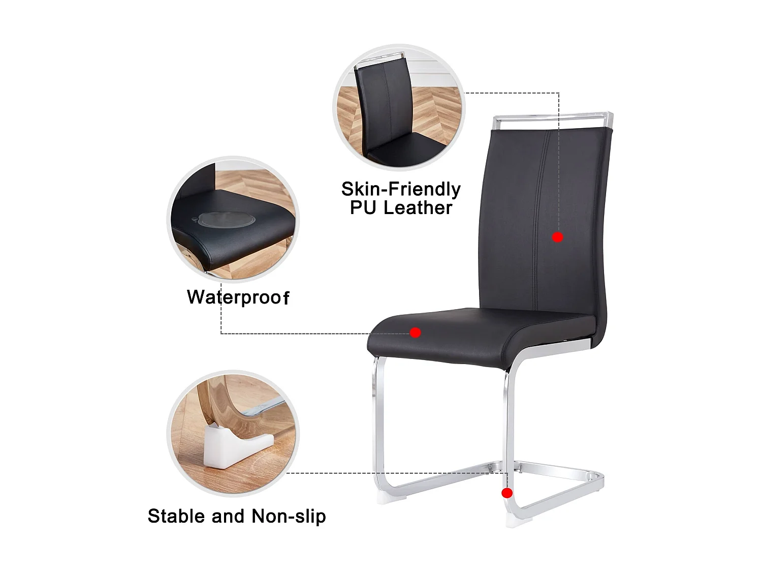 Chaise à piétement luge Lot de 4 - Piétement en métal chromé Pouvant supporter jusqu'à 120 kg Rembourrage souple avec housse en similicuir - Noir