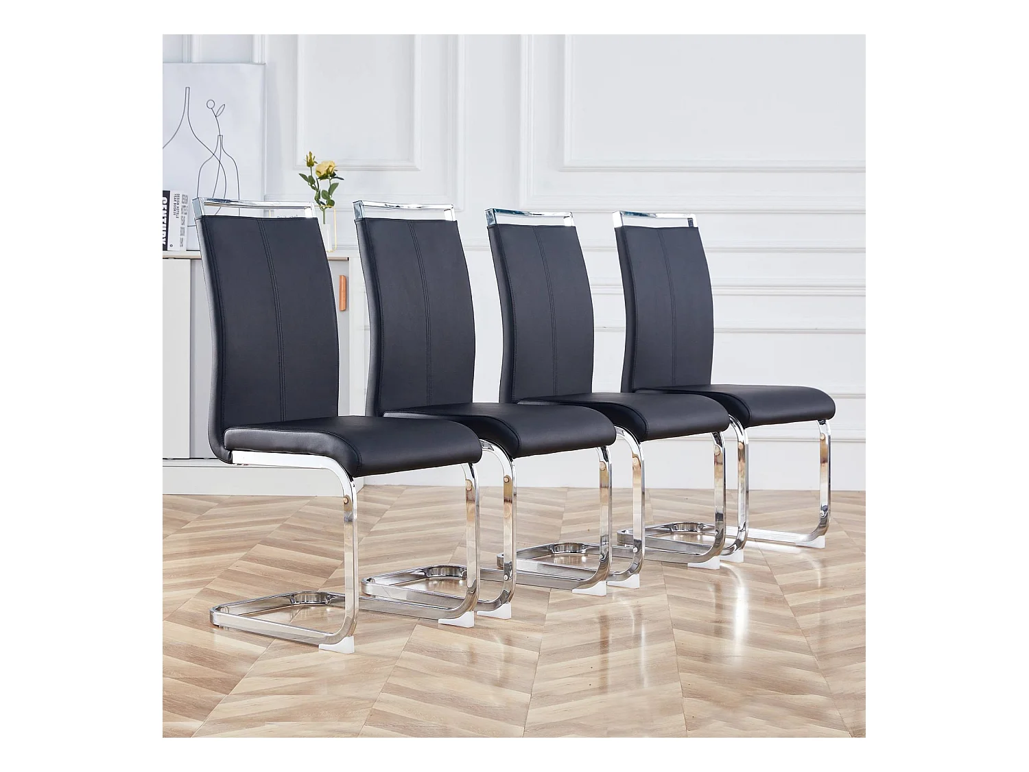 Sled Base Chair Set van 4 - Chromen metalen basis Draagt ​​tot 120 kg Zachte vulling met kunstleren hoes - Zwart