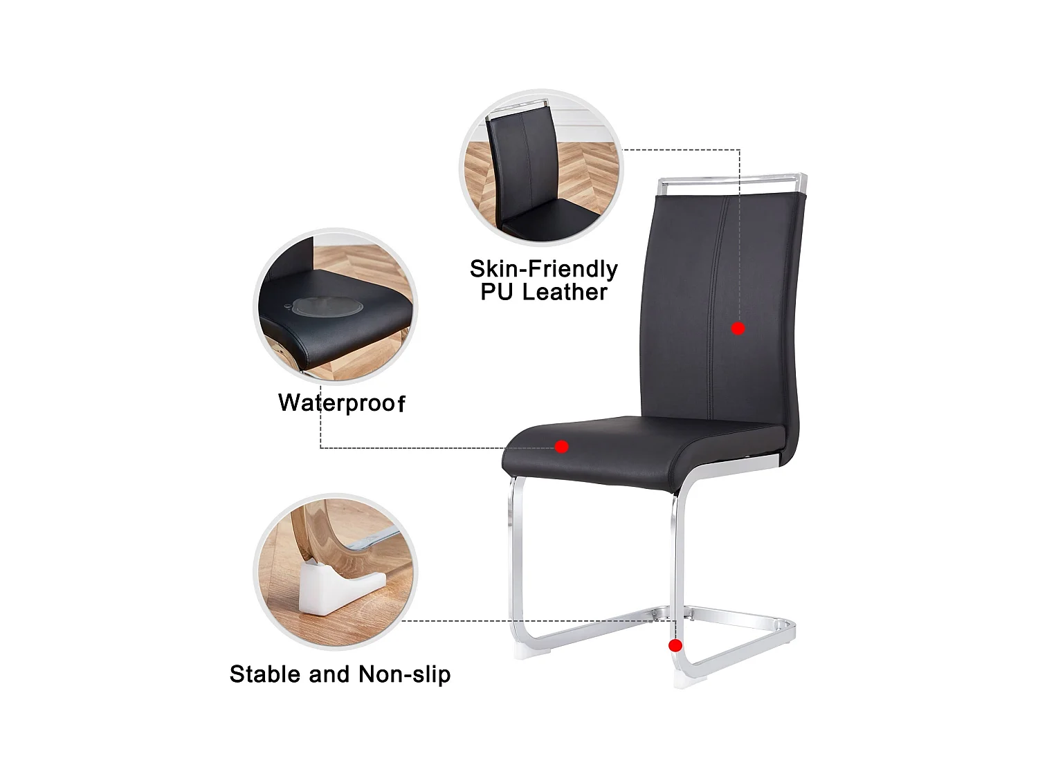Chaise à piétement luge Lot de 4 - Piétement en métal chromé Pouvant supporter jusqu'à 120 kg Rembourrage souple avec housse en similicuir - Noir