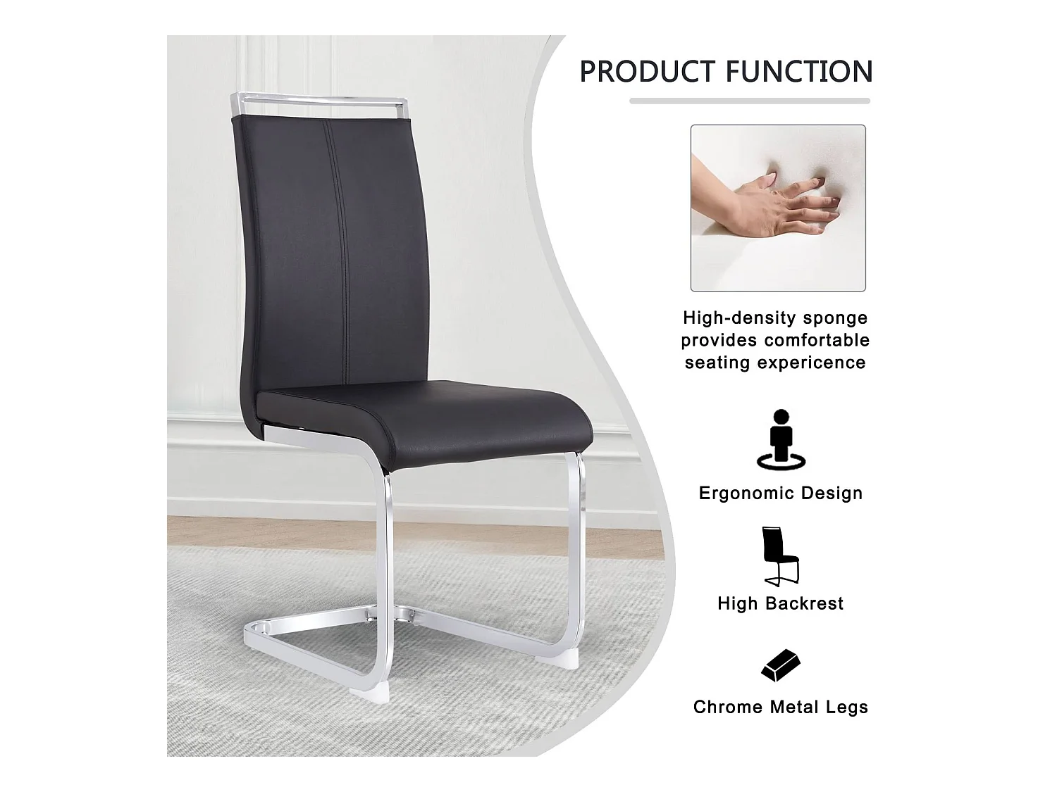 Chaise à piétement luge Lot de 4 - Piétement en métal chromé Pouvant supporter jusqu'à 120 kg Rembourrage souple avec housse en similicuir - Noir