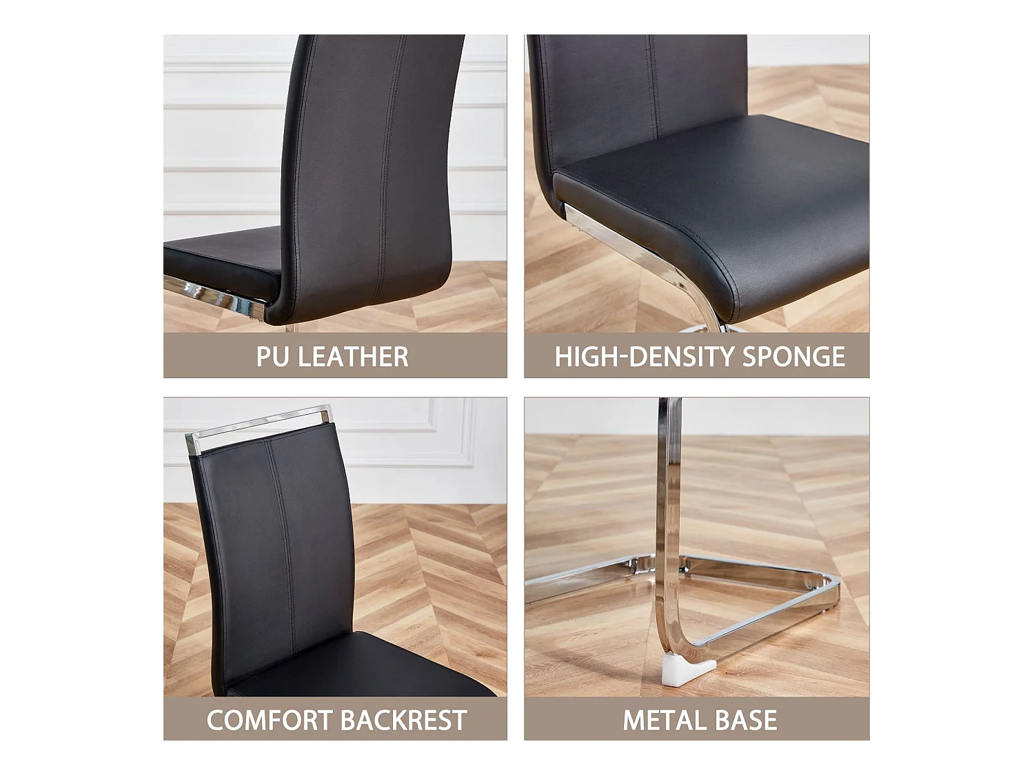 Chaise à piétement luge Lot de 4 - Piétement en métal chromé Pouvant supporter jusqu'à 120 kg Rembourrage souple avec housse en similicuir - Noir