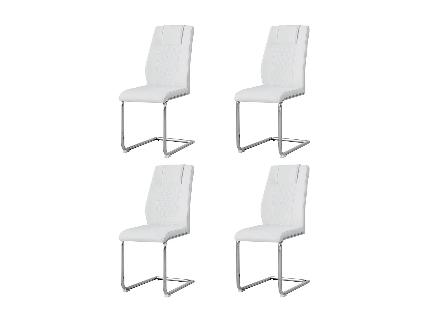 Juego de 4 sillas patín, respaldo con diseño de rombos, estructura de metal cromado, carga máxima 150 kg, tapizado en símil piel, 40x40x96,5cm, color blanco