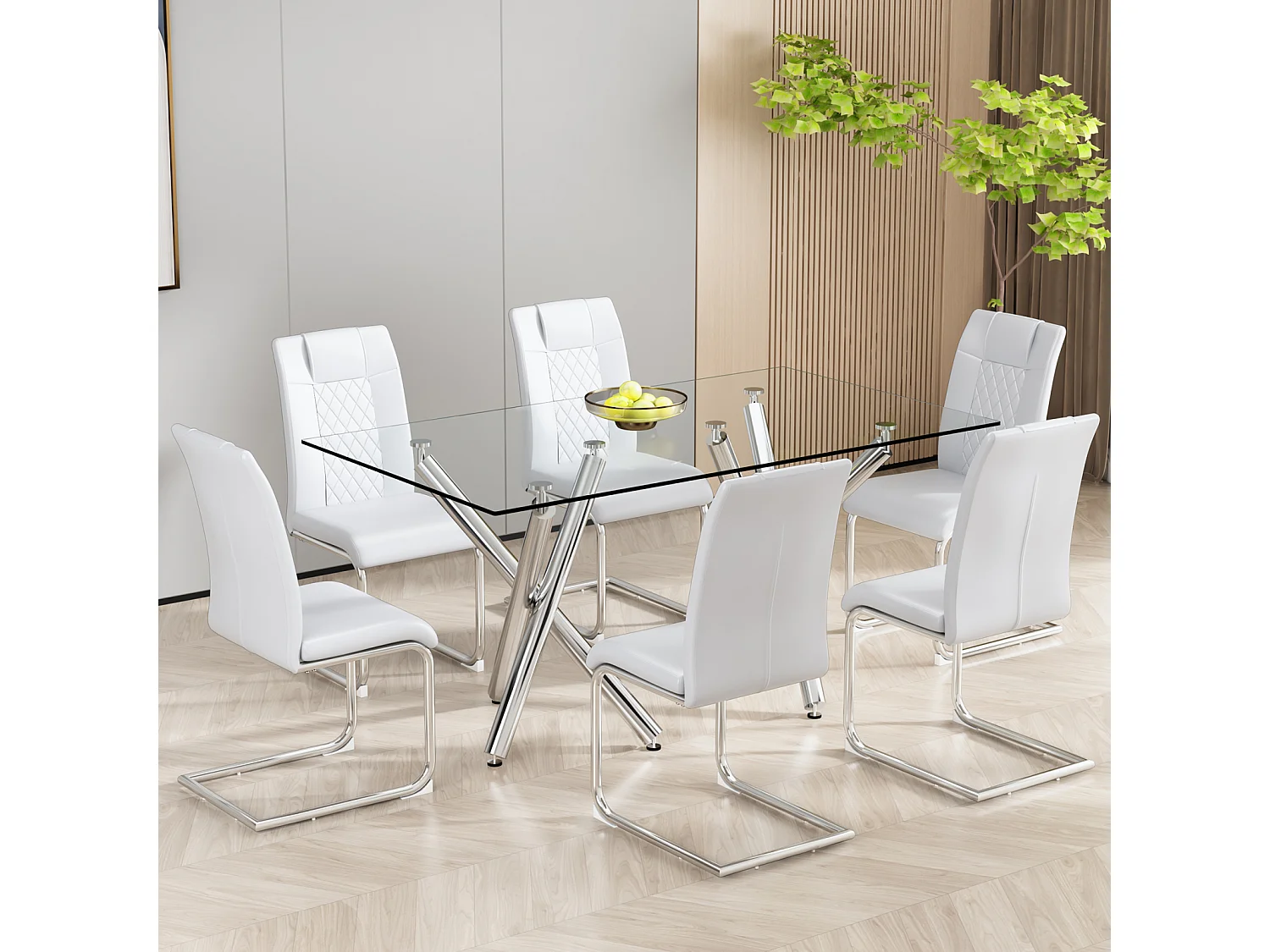 Juego de 4 sillas patín, respaldo con diseño de rombos, estructura de metal cromado, carga máxima 150 kg, tapizado en símil piel, 40x40x96,5cm, color blanco