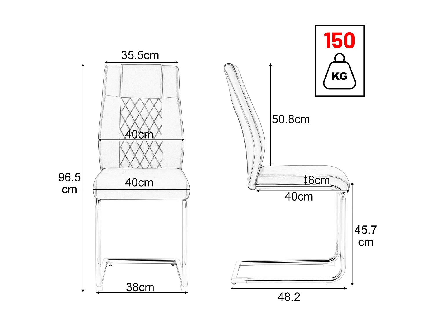 Juego de 4 sillas patín, respaldo con diseño de rombos, estructura de metal cromado, carga máxima 150 kg, tapizado en símil piel, 40x40x96,5cm, color blanco
