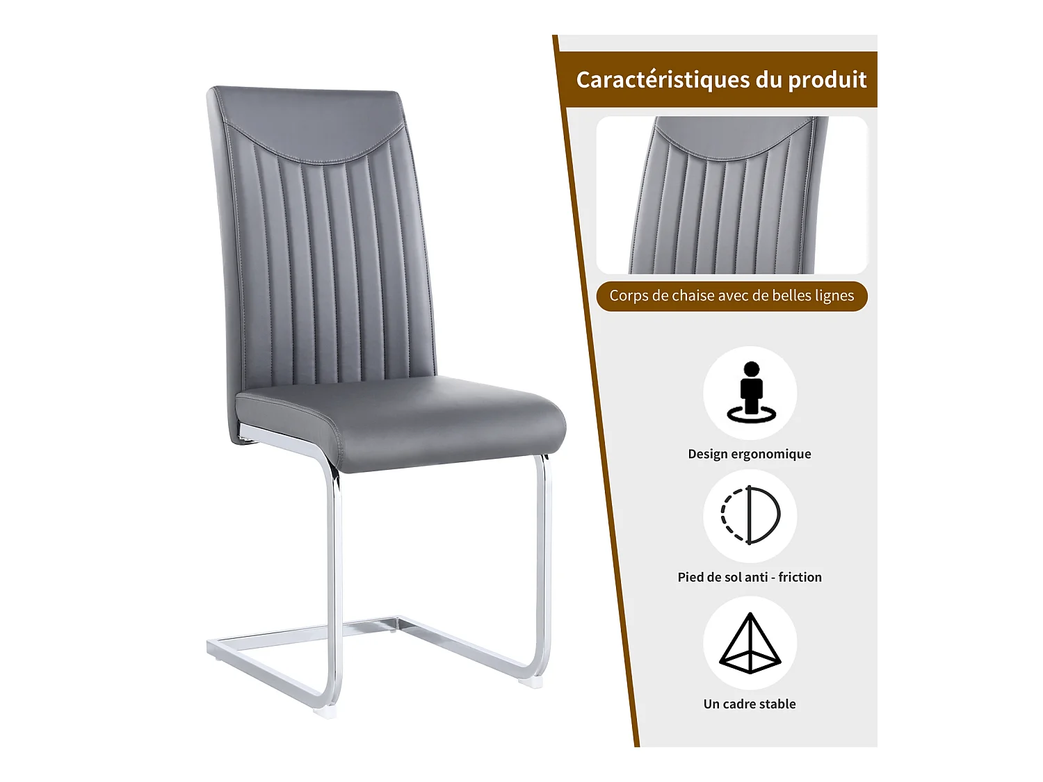 Lot de 4 chaise de piétement luge, structure en métal chromé, charge max 150 kg, tissu en cuir artificiel PU, 41x41x90cm, gris