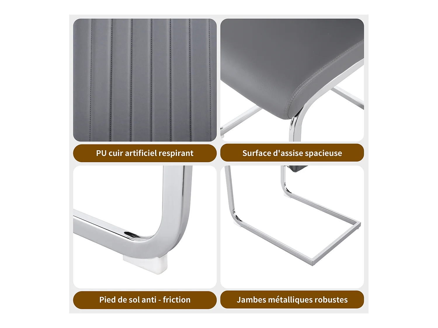 Lot de 4 chaise de piétement luge, structure en métal chromé, charge max 150 kg, tissu en cuir artificiel PU, 41x41x90cm, gris