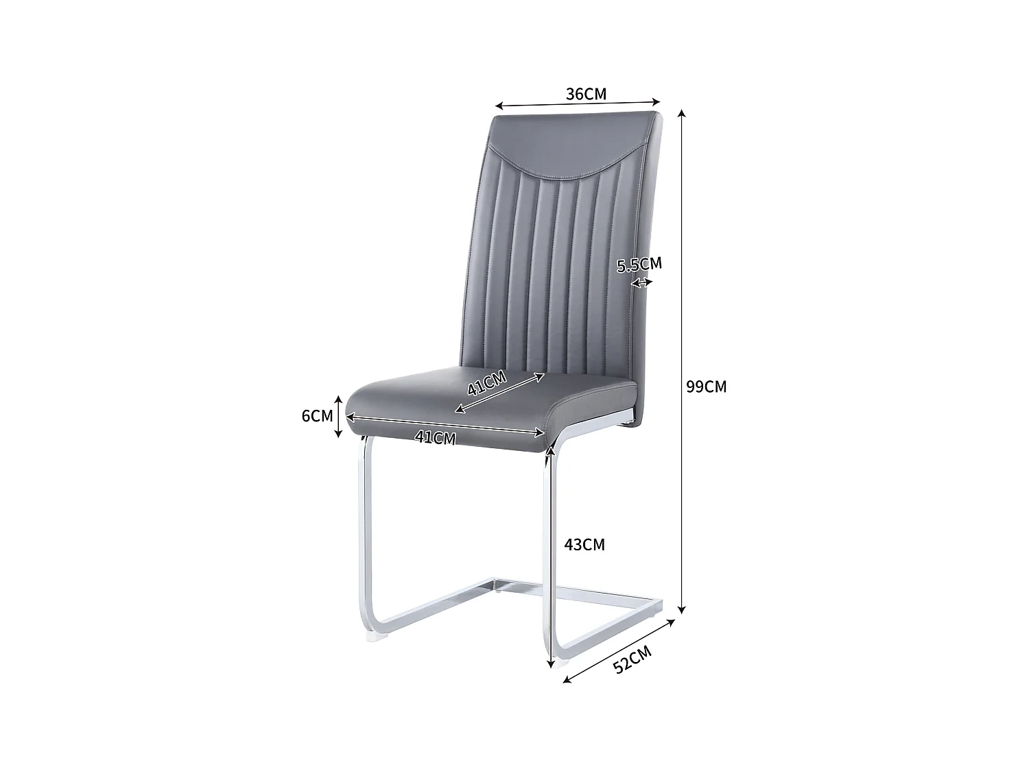 Lot de 4 chaise de piétement luge, structure en métal chromé, charge max 150 kg, tissu en cuir artificiel PU, 41x41x90cm, gris